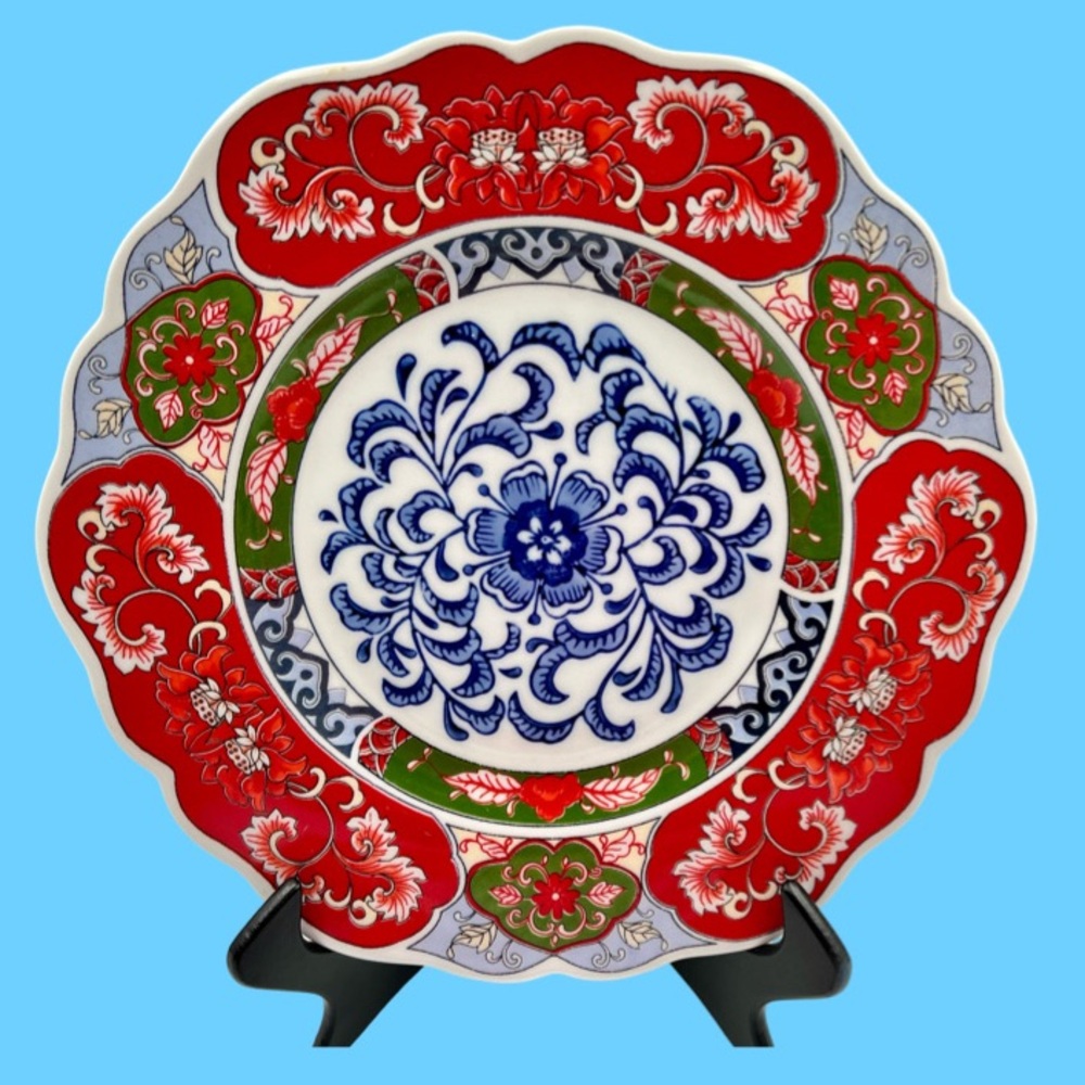 Decorative Porcelain Plates Red Blue Floral Asian Imari Style Set 2